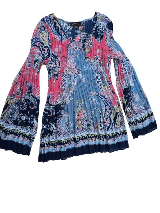 Melissa Paige Tops - Melissa Paige Women's Paisley Bell Sleeve Pleated Multicolor Tunic Top Size M